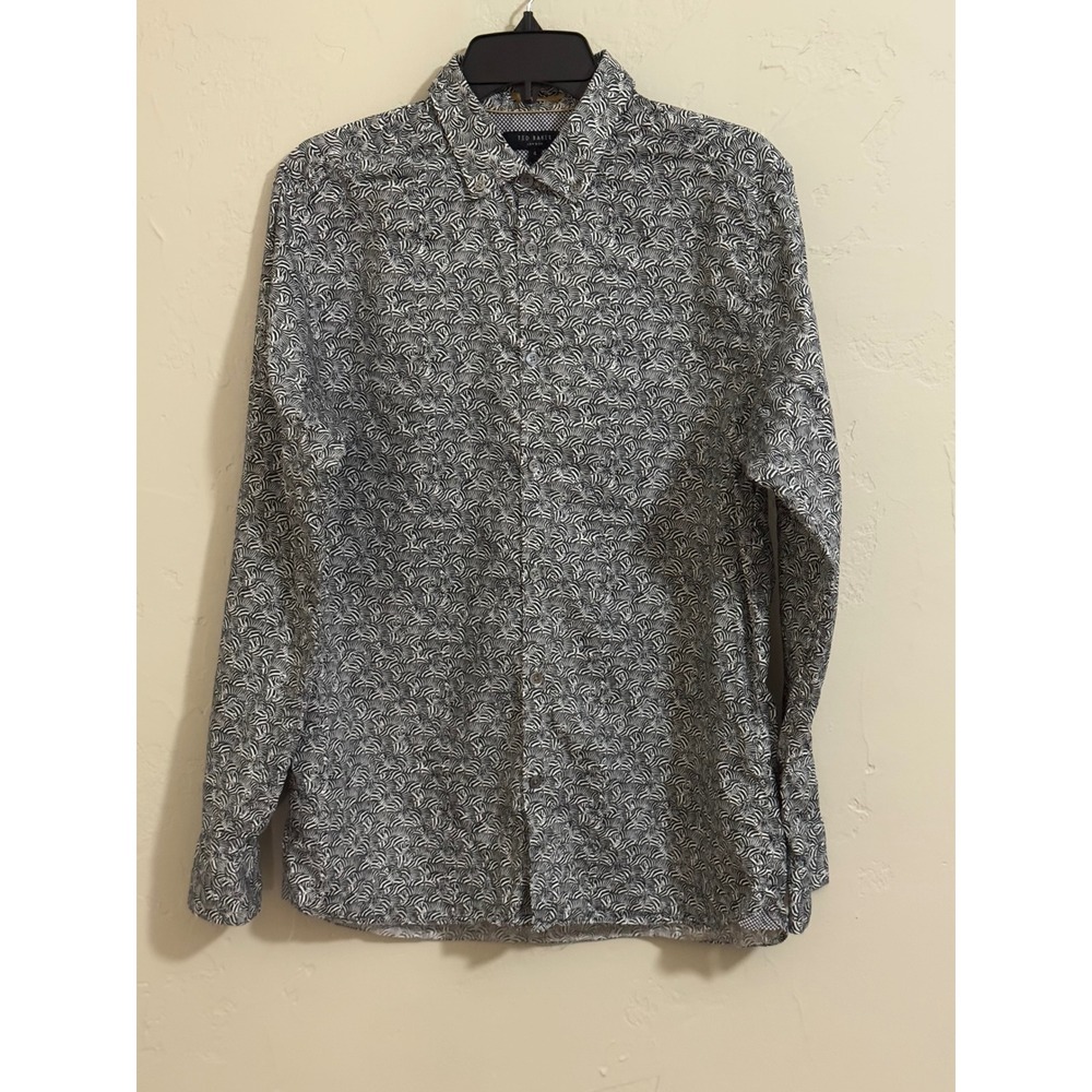 Ted Baker shirt mens 5 black white zebrin zebra palm floral pearl buttons cotton